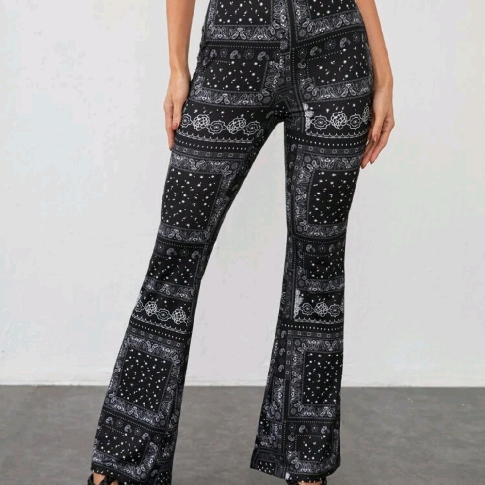 Black Bandana Print Flare Pants